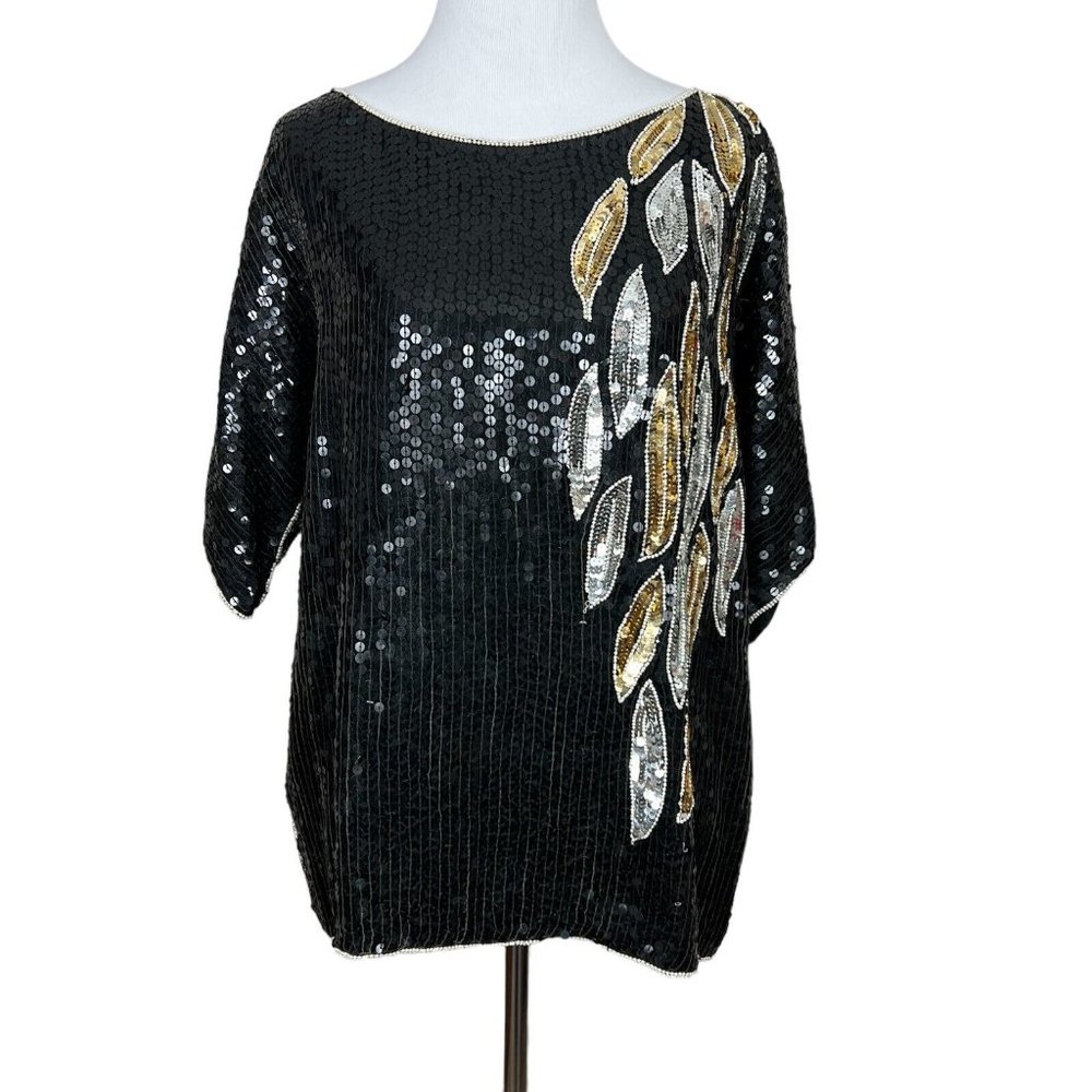 Jean For Joseph Le Bon Top‎ Womens M Black Sequin 100% Silk Vintage Blouse 80s